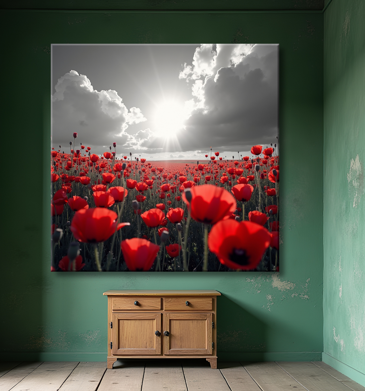 Tableau coquelicots rouges sur fond noir et blanc avec decor