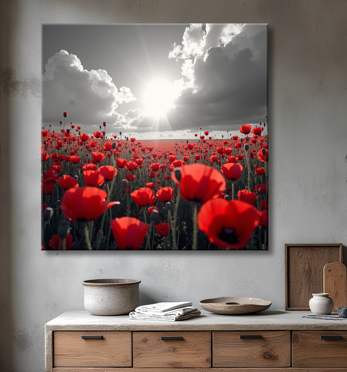 Tableau coquelicots rouges sur fond noir et blanc avec decor