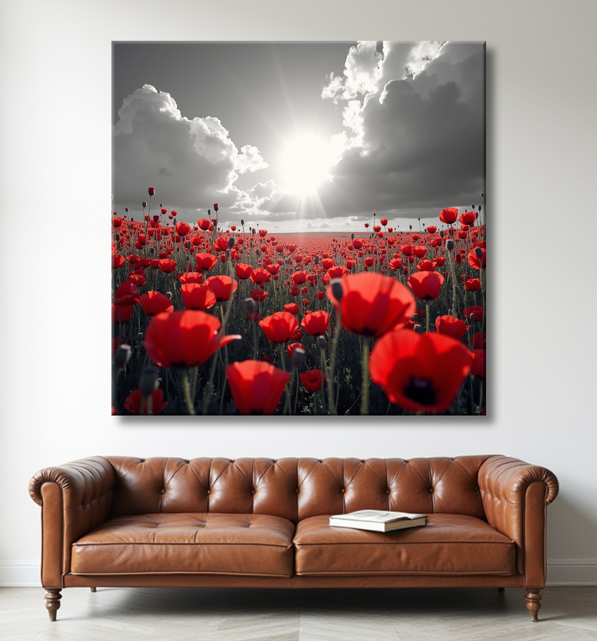 Tableau coquelicots rouges sur fond noir et blanc avec decor