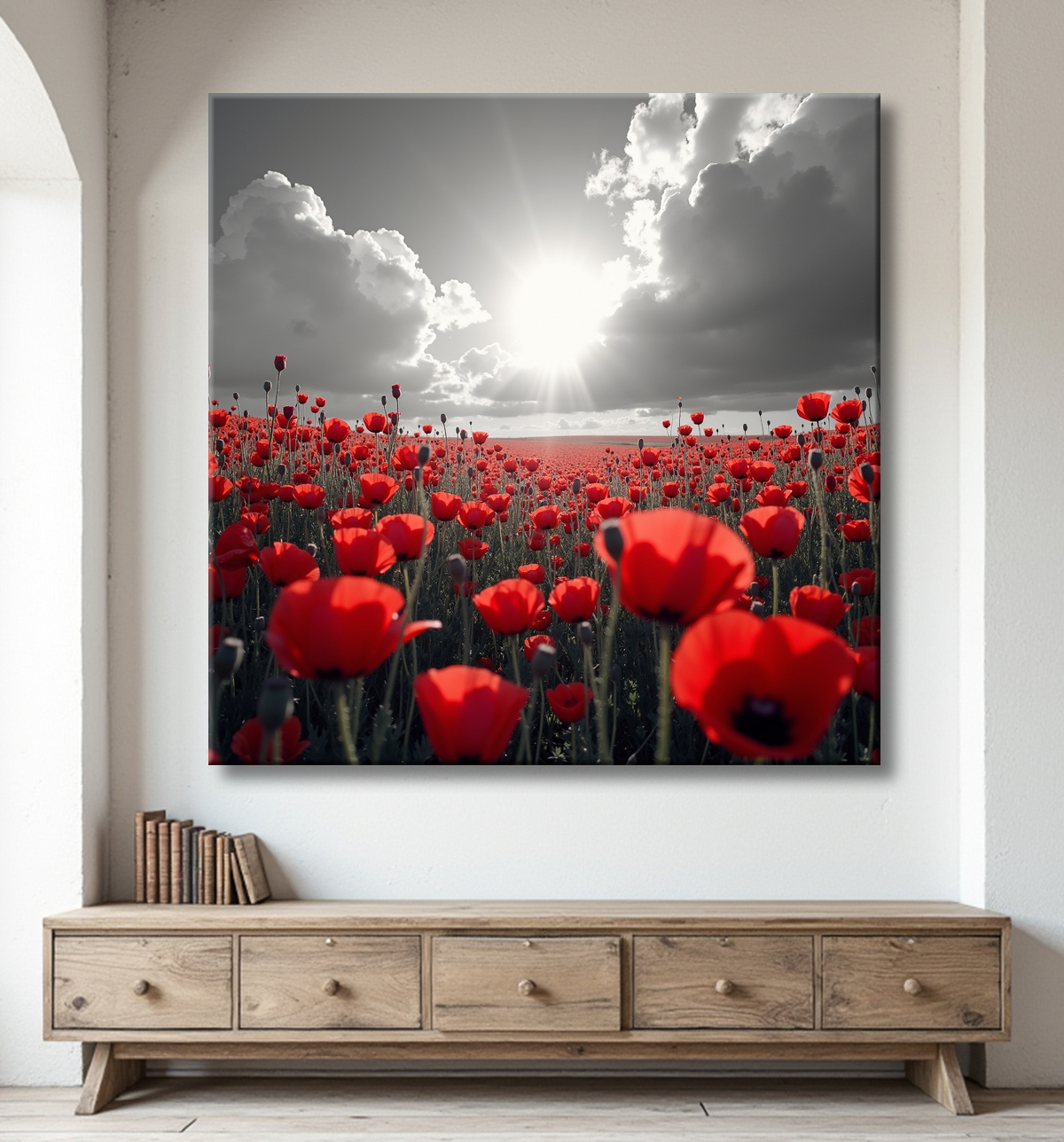 Tableau coquelicots rouges sur fond noir et blanc avec decor