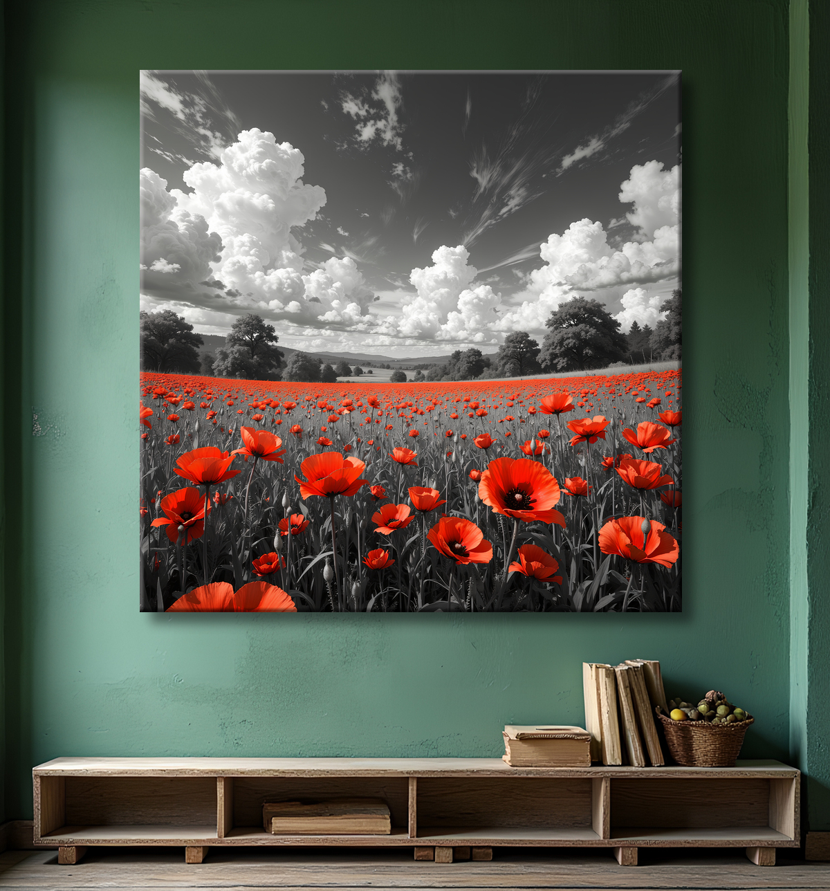 Tableau coquelicots rouges sur fond noir et blanc avec decor
