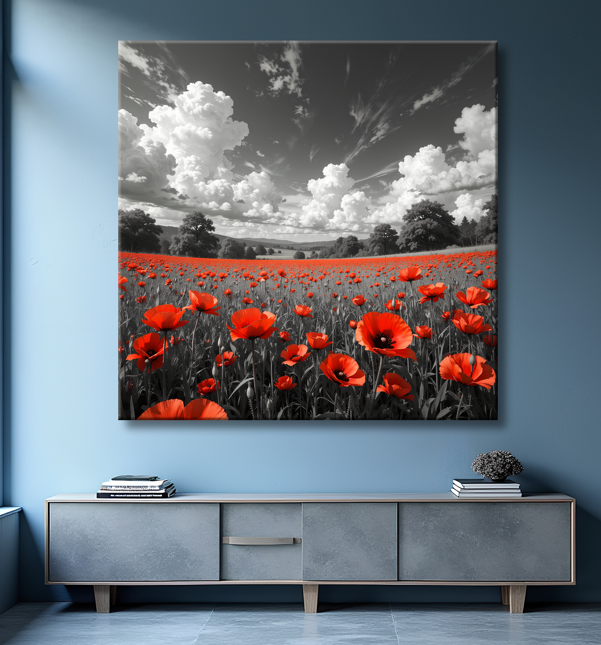 Tableau coquelicots rouges sur fond noir et blanc avec decor