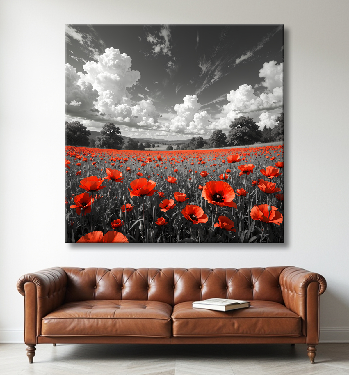 Tableau coquelicots rouges sur fond noir et blanc avec decor