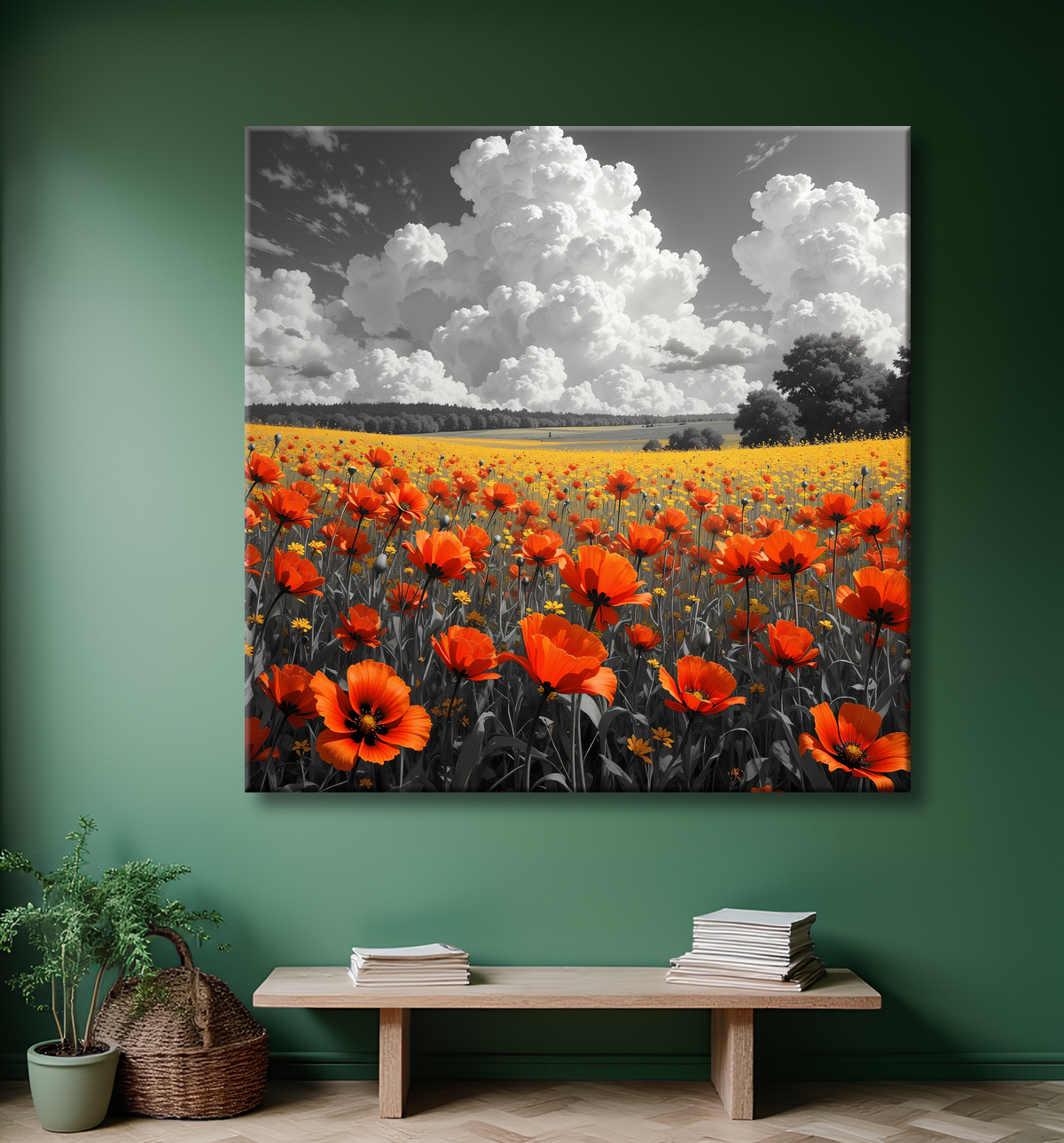 Tableau coquelicots rouges sur fond noir et blanc avec decor
