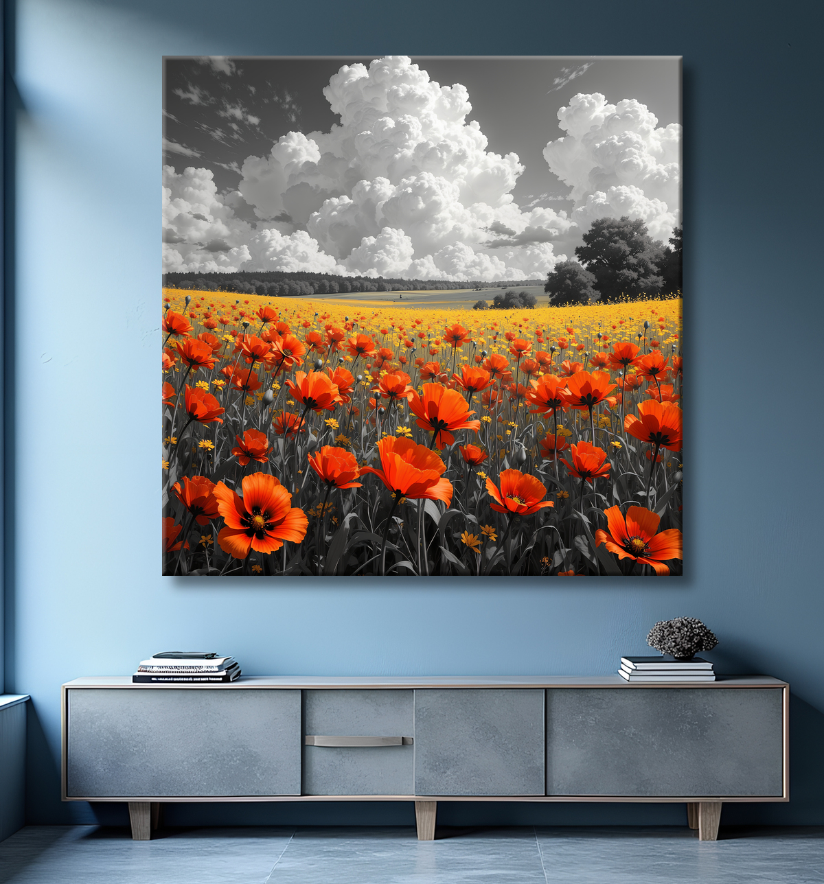 Tableau coquelicots rouges sur fond noir et blanc avec decor