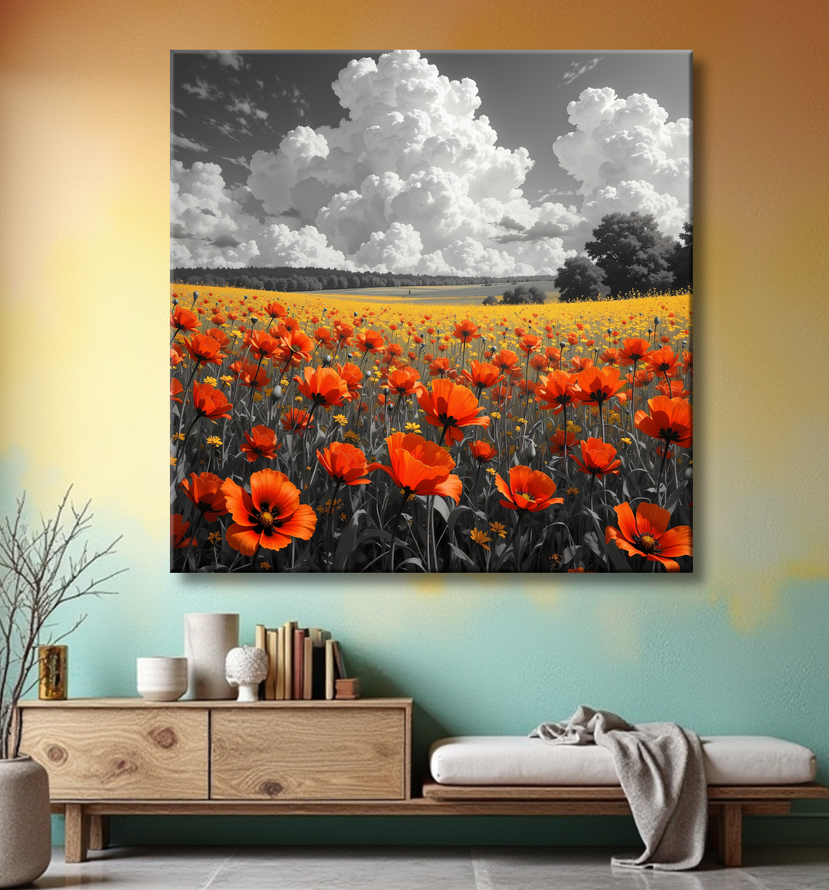 Tableau coquelicots rouges sur fond noir et blanc avec decor