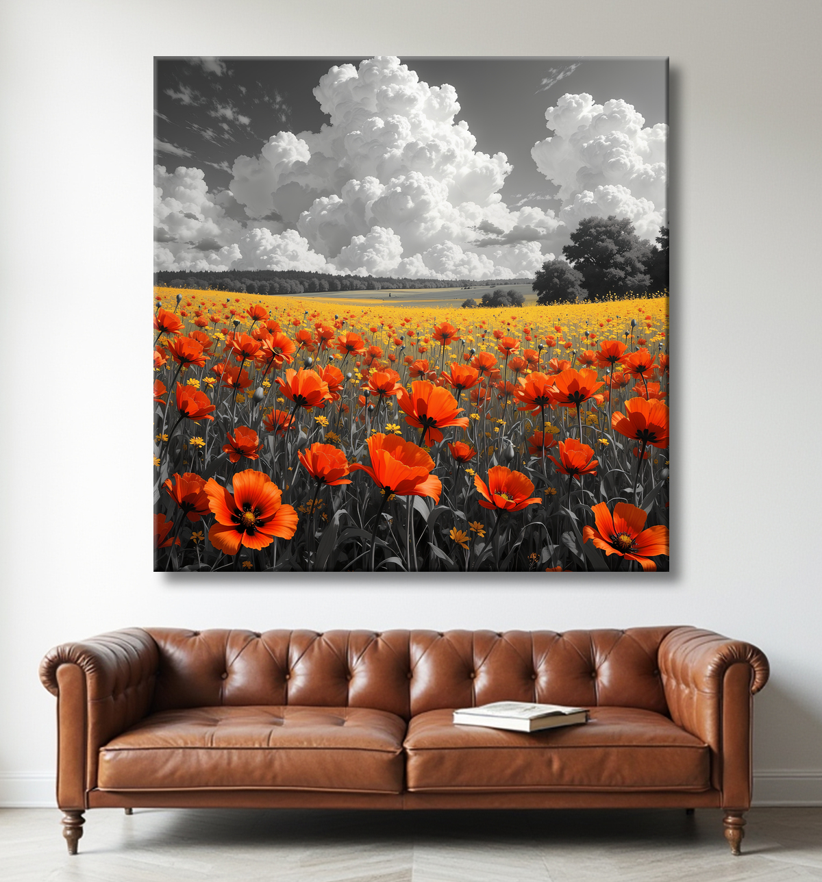 Tableau coquelicots rouges sur fond noir et blanc avec decor