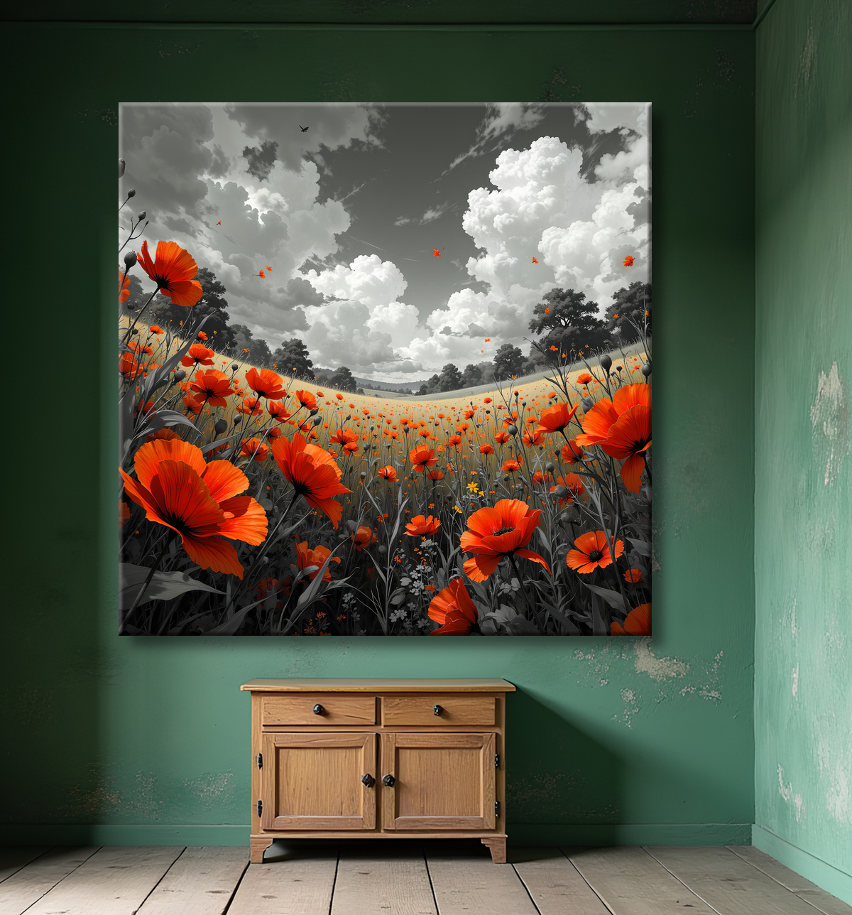 Tableau coquelicots rouges sur fond noir et blanc avec decor