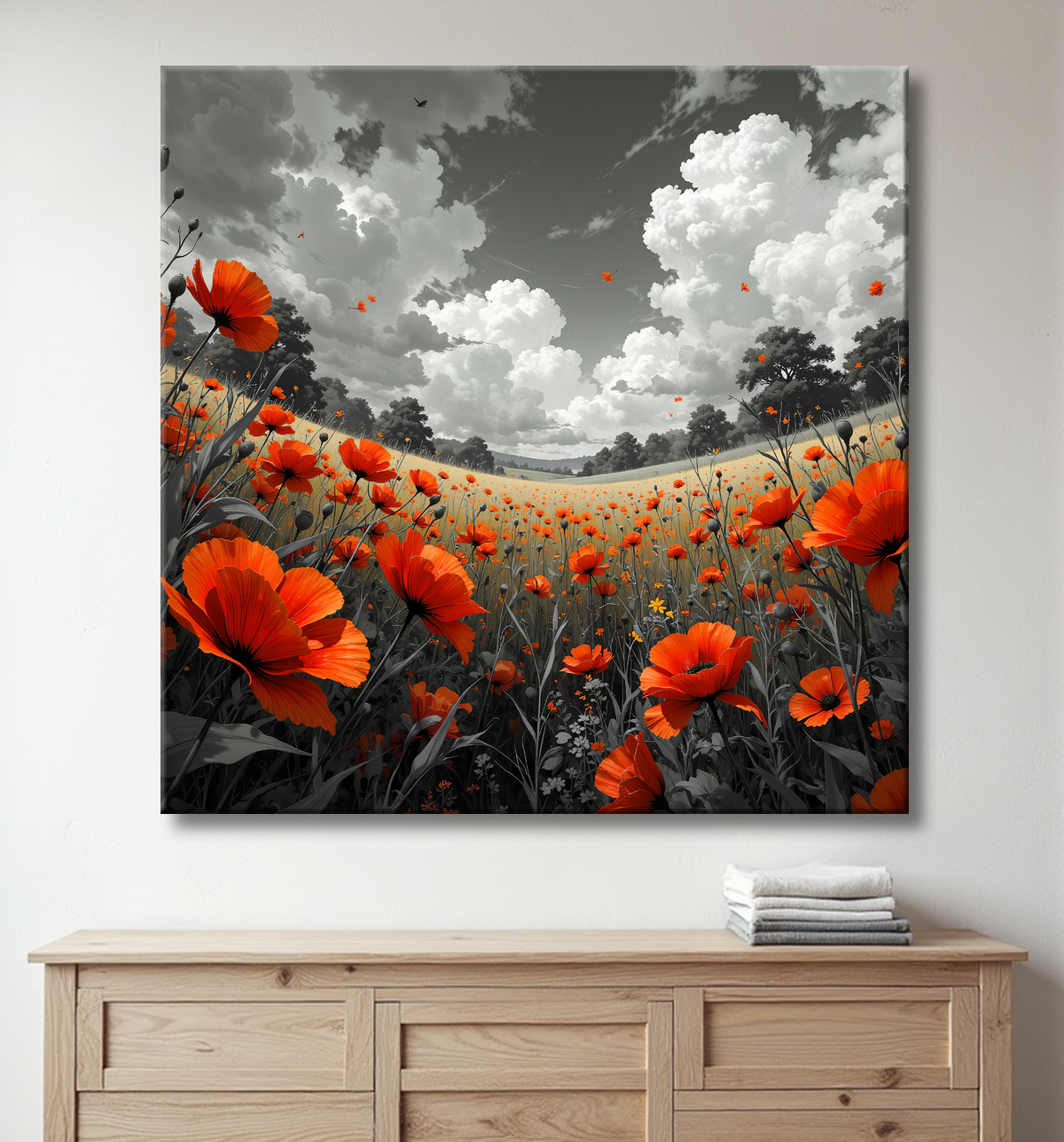 Tableau coquelicots rouges sur fond noir et blanc avec decor