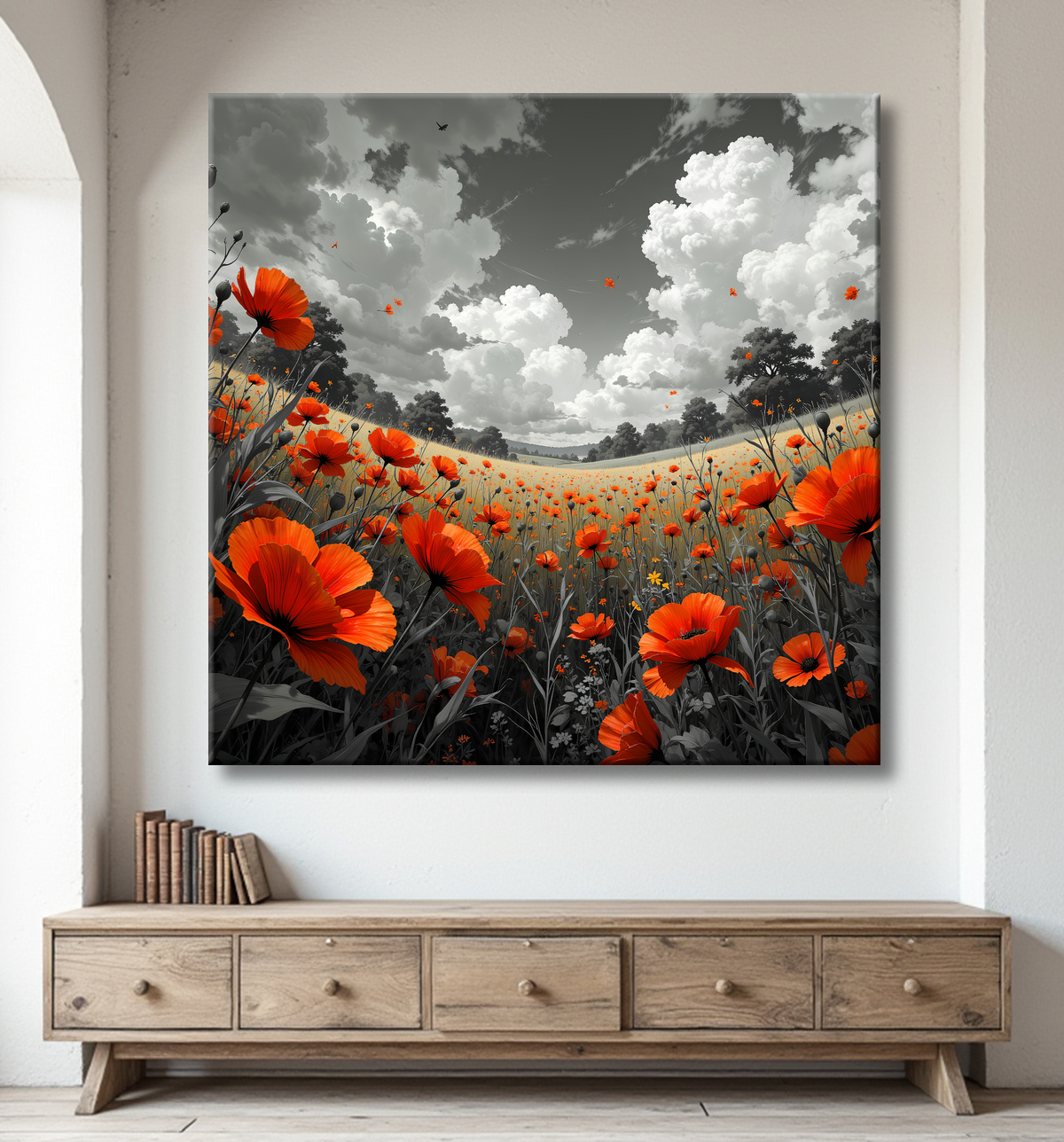 Tableau coquelicots rouges sur fond noir et blanc avec decor