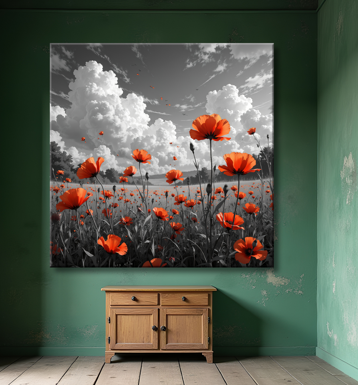 Tableau coquelicots rouges sur fond noir et blanc avec decor