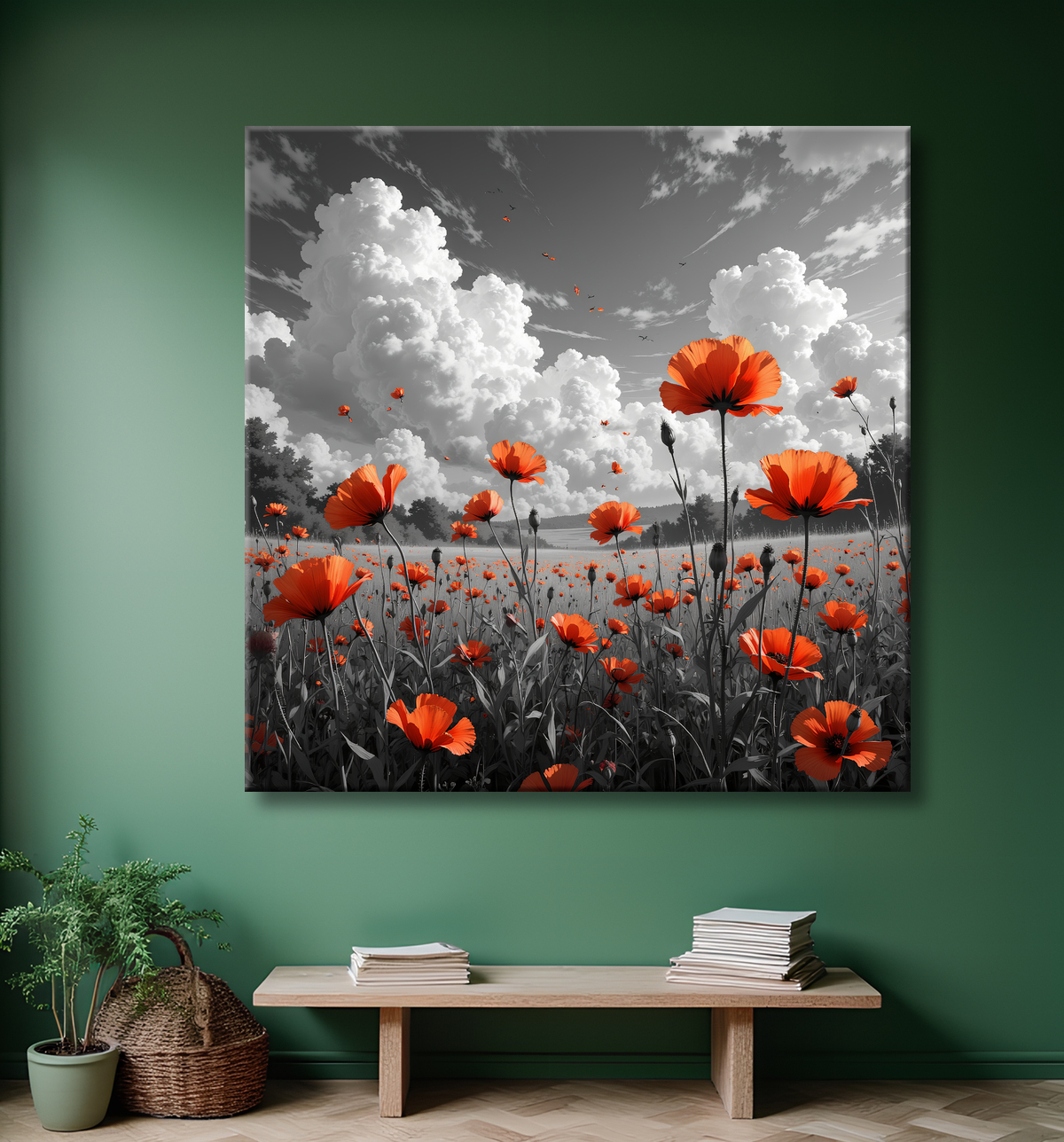 Tableau coquelicots rouges sur fond noir et blanc avec decor
