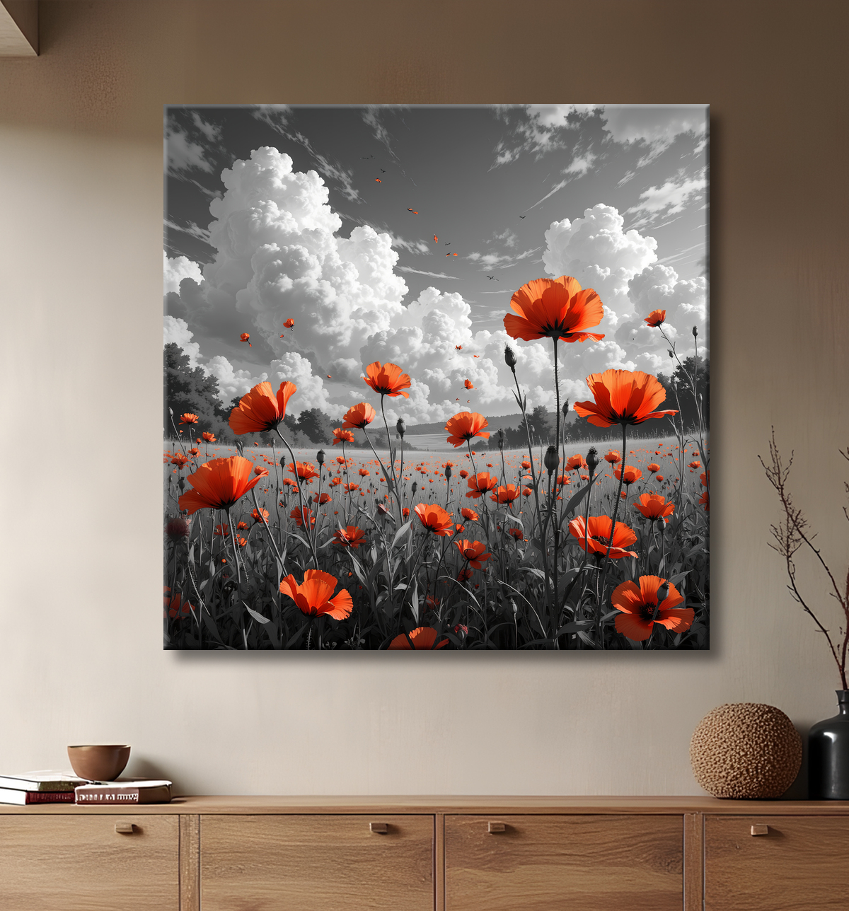 Tableau coquelicots rouges sur fond noir et blanc avec decor