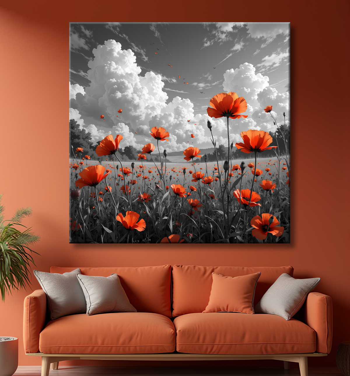 Tableau coquelicots rouges sur fond noir et blanc avec decor