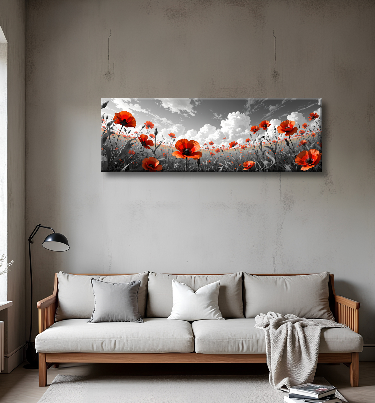 Tableau coquelicots rouges sur fond noir et blanc avec decor