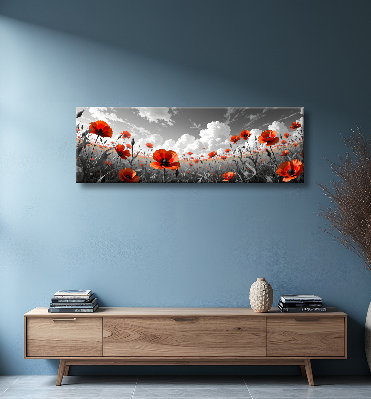 Tableau coquelicots rouges sur fond noir et blanc avec decor