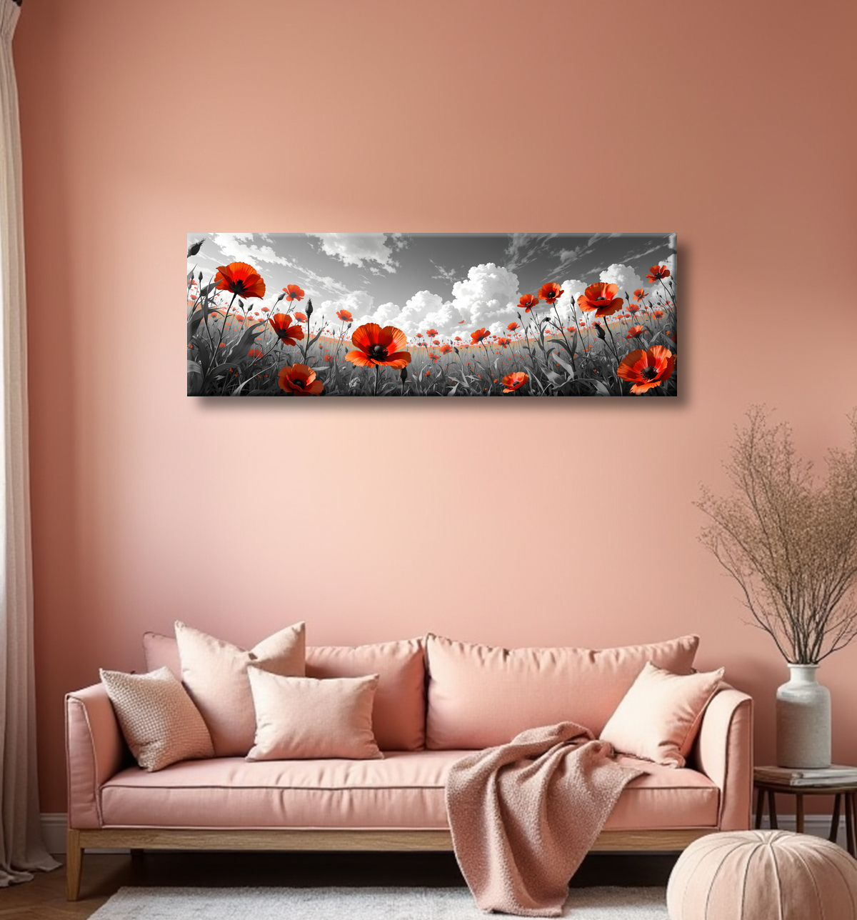 Tableau coquelicots rouges sur fond noir et blanc avec decor