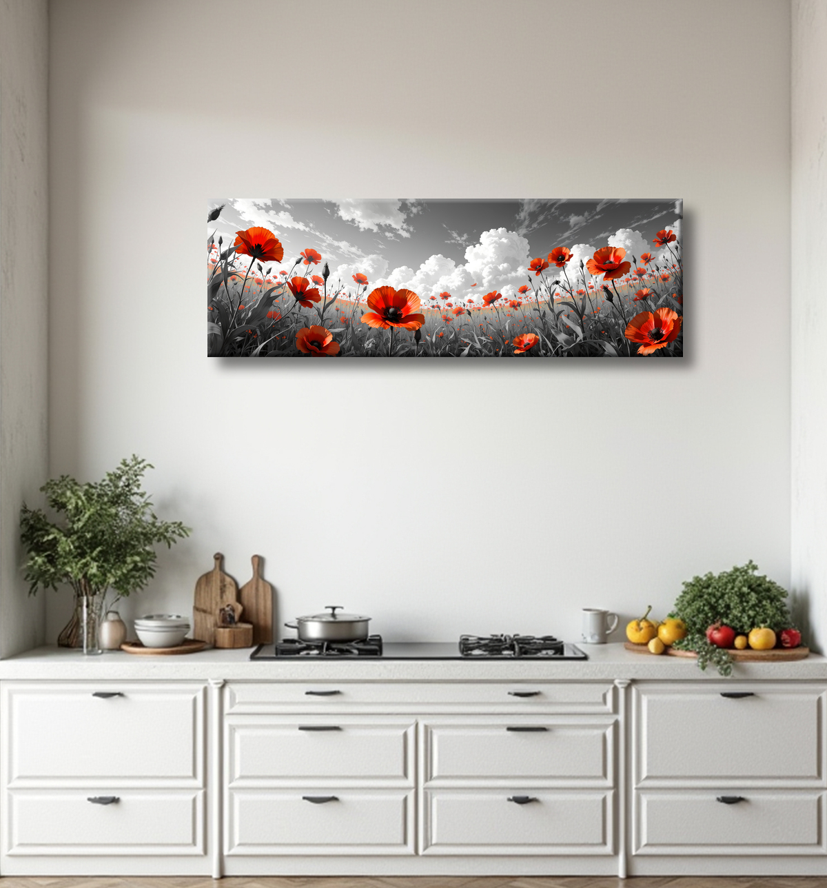 Tableau coquelicots rouges sur fond noir et blanc avec decor