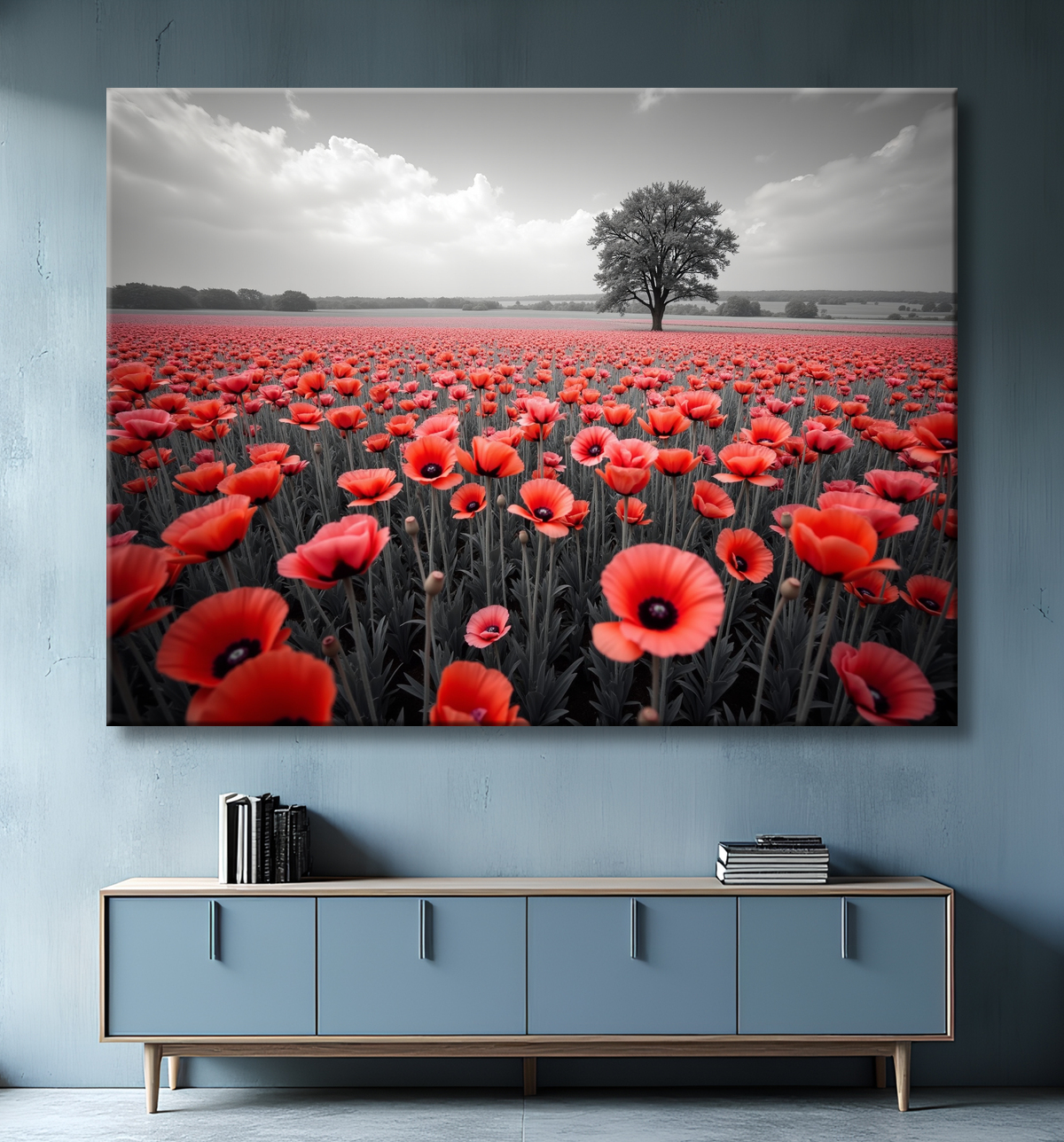 Tableau coquelicots rouges sur fond noir et blanc avec decor