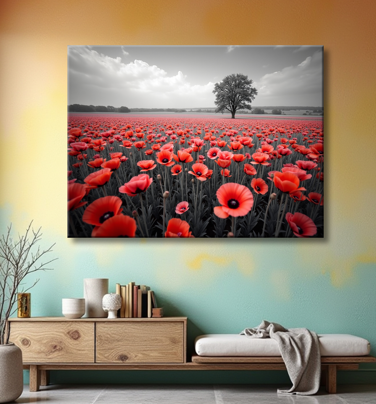 Tableau coquelicots rouges sur fond noir et blanc avec decor