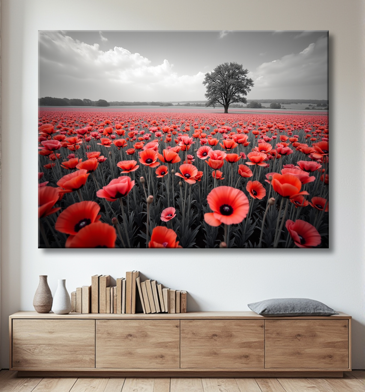 Tableau coquelicots rouges sur fond noir et blanc avec decor