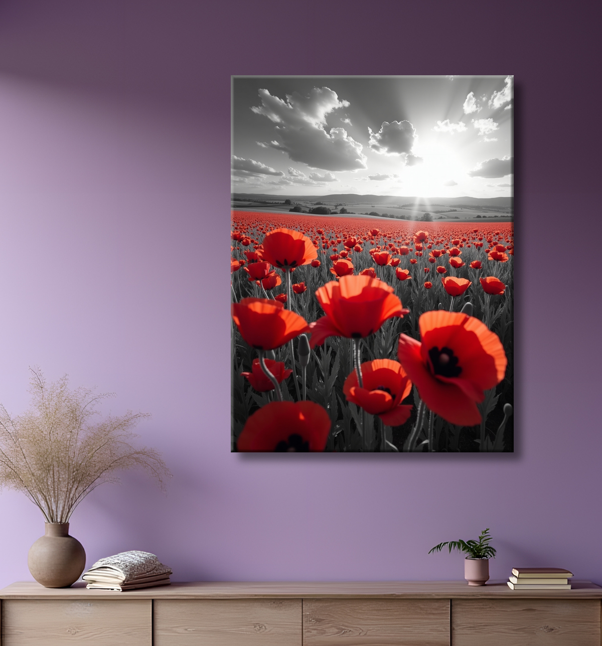 Tableau coquelicots rouges sur fond noir et blanc avec decor