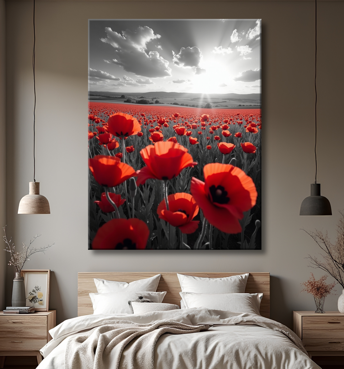 Tableau coquelicots rouges sur fond noir et blanc avec decor