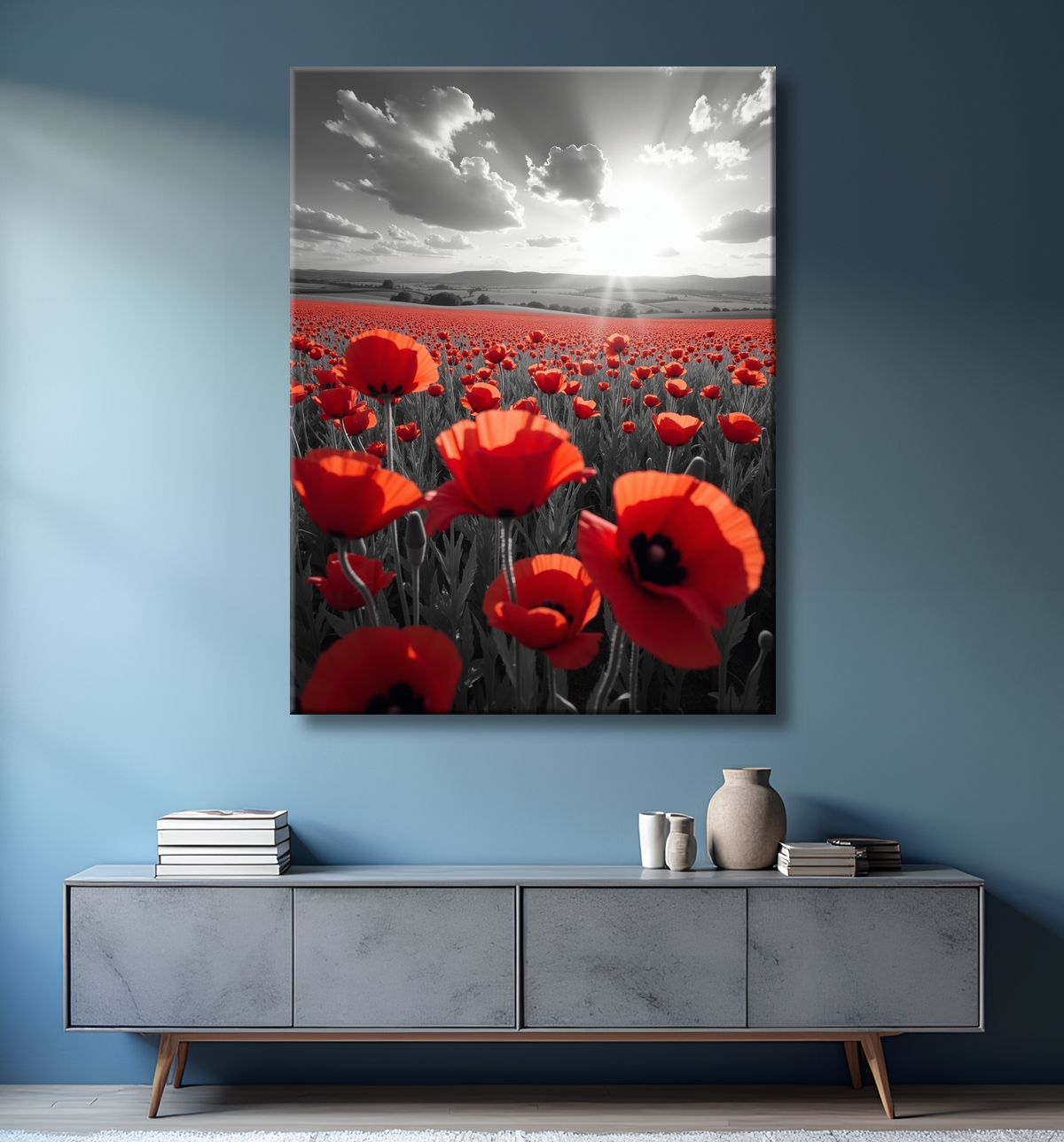 Tableau coquelicots rouges sur fond noir et blanc avec decor