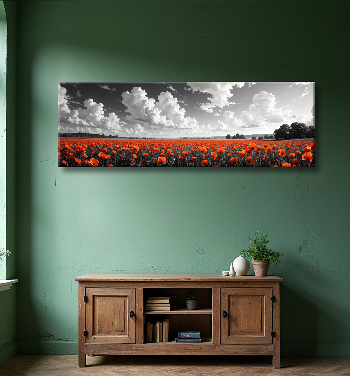 Tableau coquelicots rouges sur fond noir et blanc avec decor