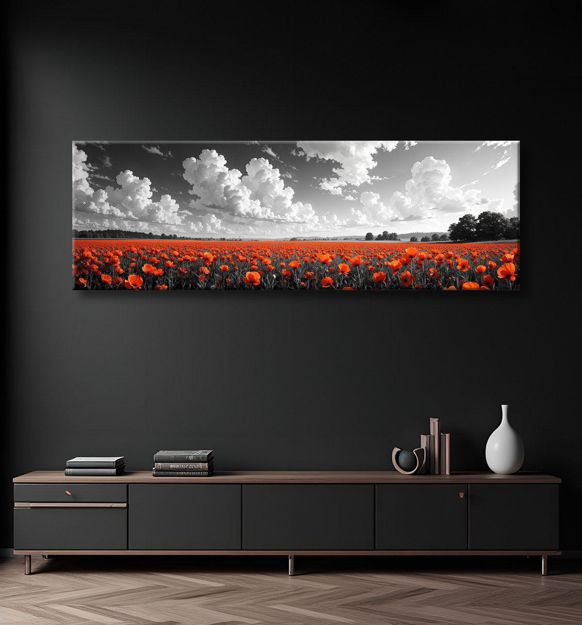 Tableau coquelicots rouges sur fond noir et blanc avec decor