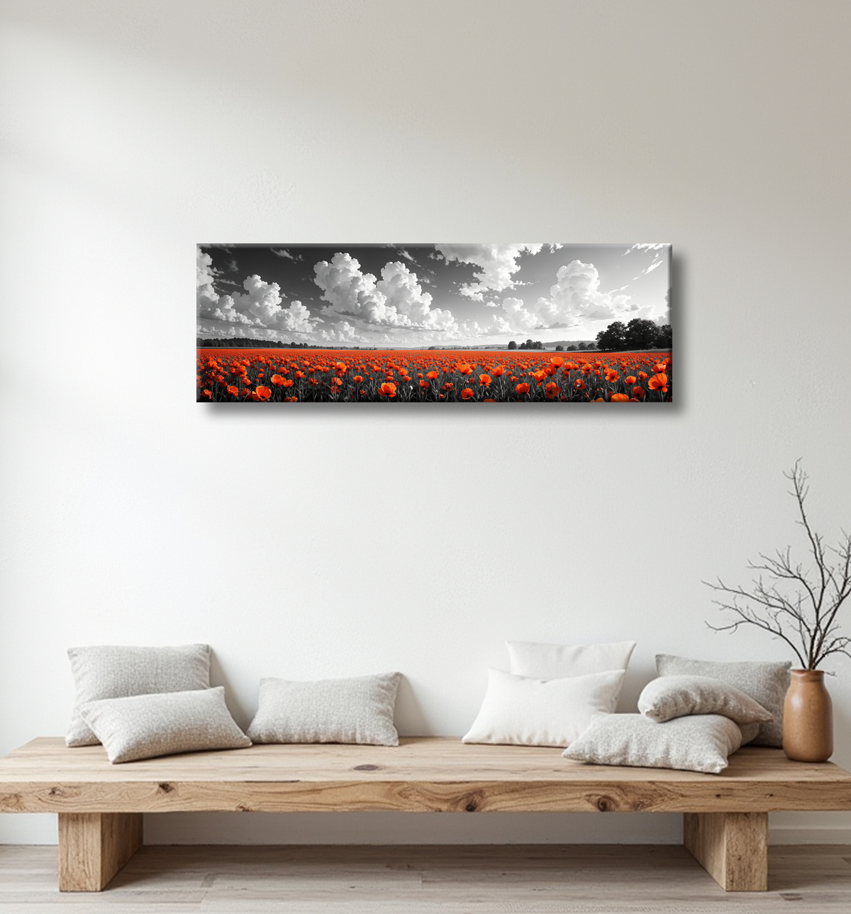 Tableau coquelicots rouges sur fond noir et blanc avec decor