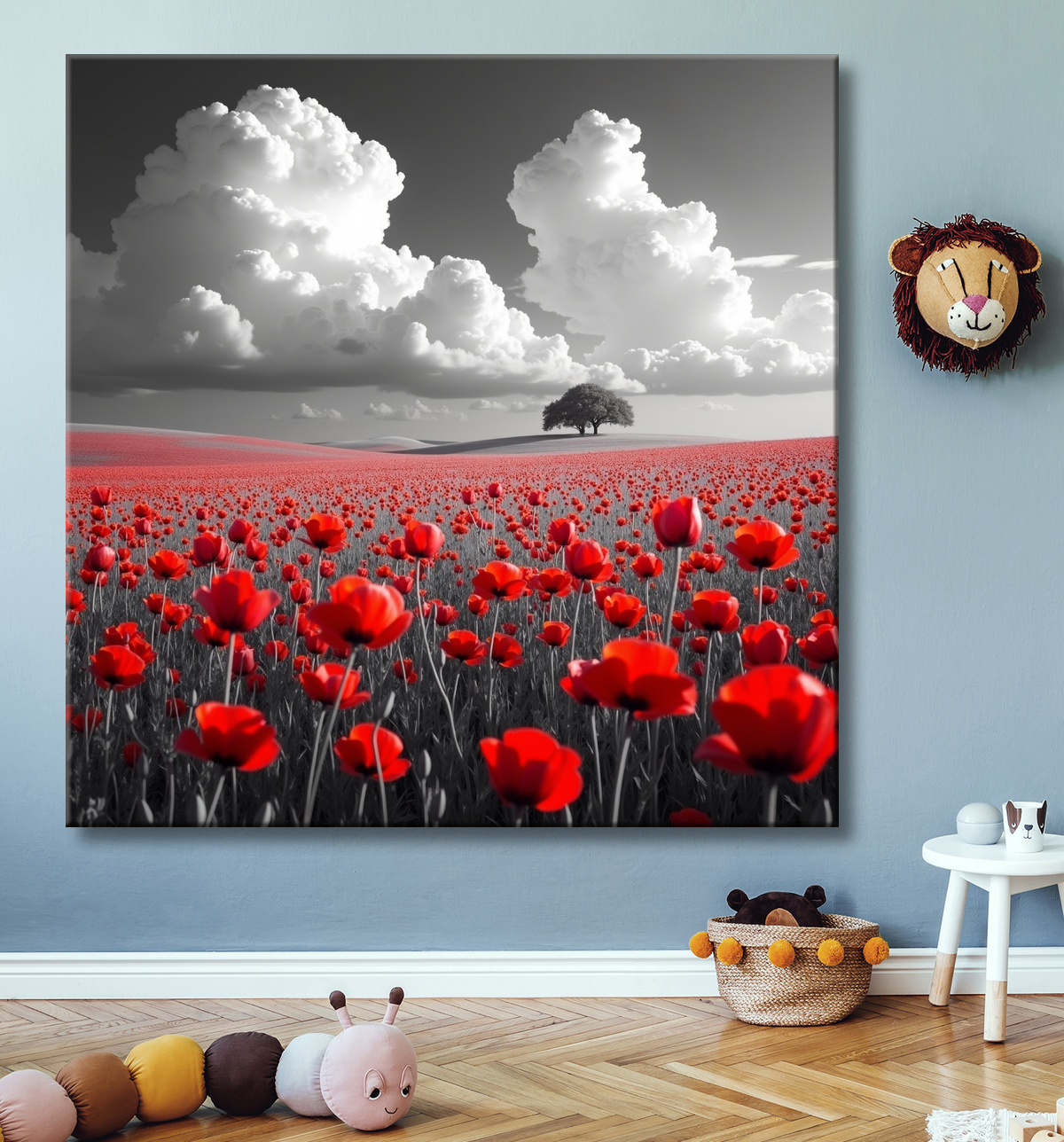Tableau coquelicots rouges sur fond noir et blanc avec decor