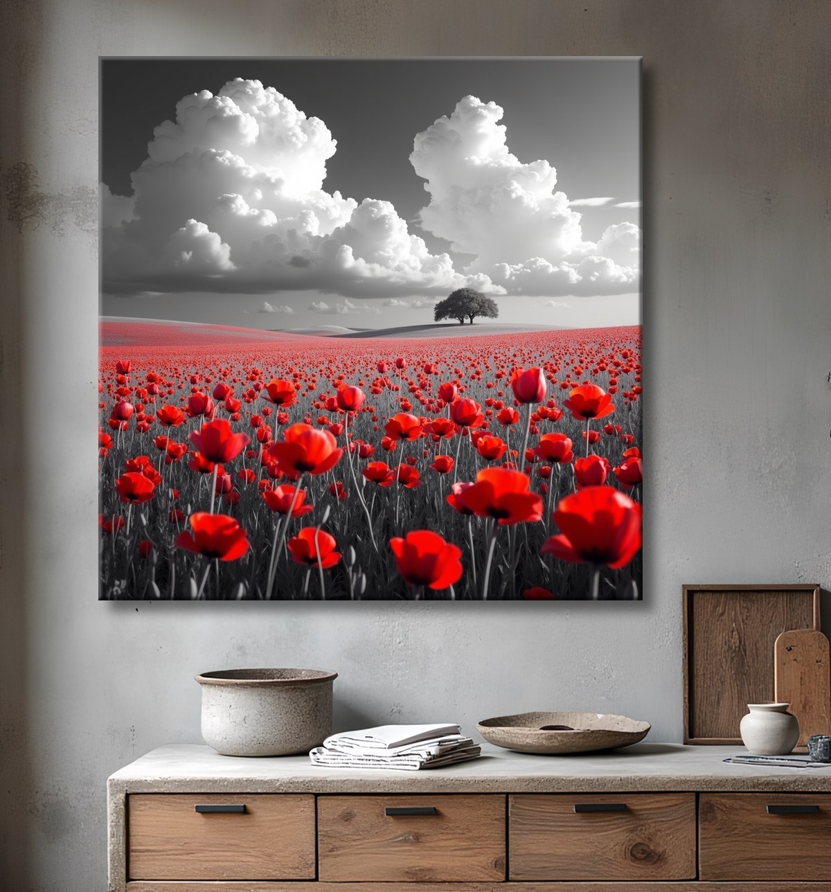 Tableau coquelicots rouges sur fond noir et blanc avec decor