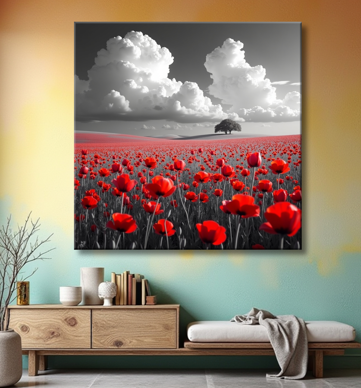 Tableau coquelicots rouges sur fond noir et blanc avec decor