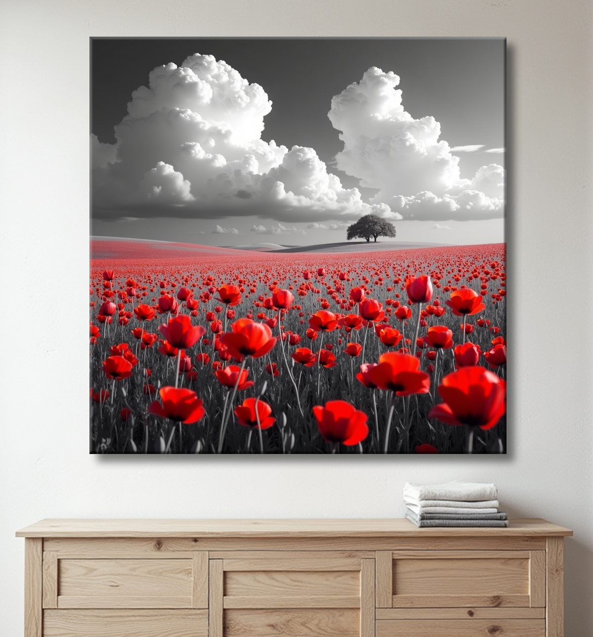 Tableau coquelicots rouges sur fond noir et blanc avec decor