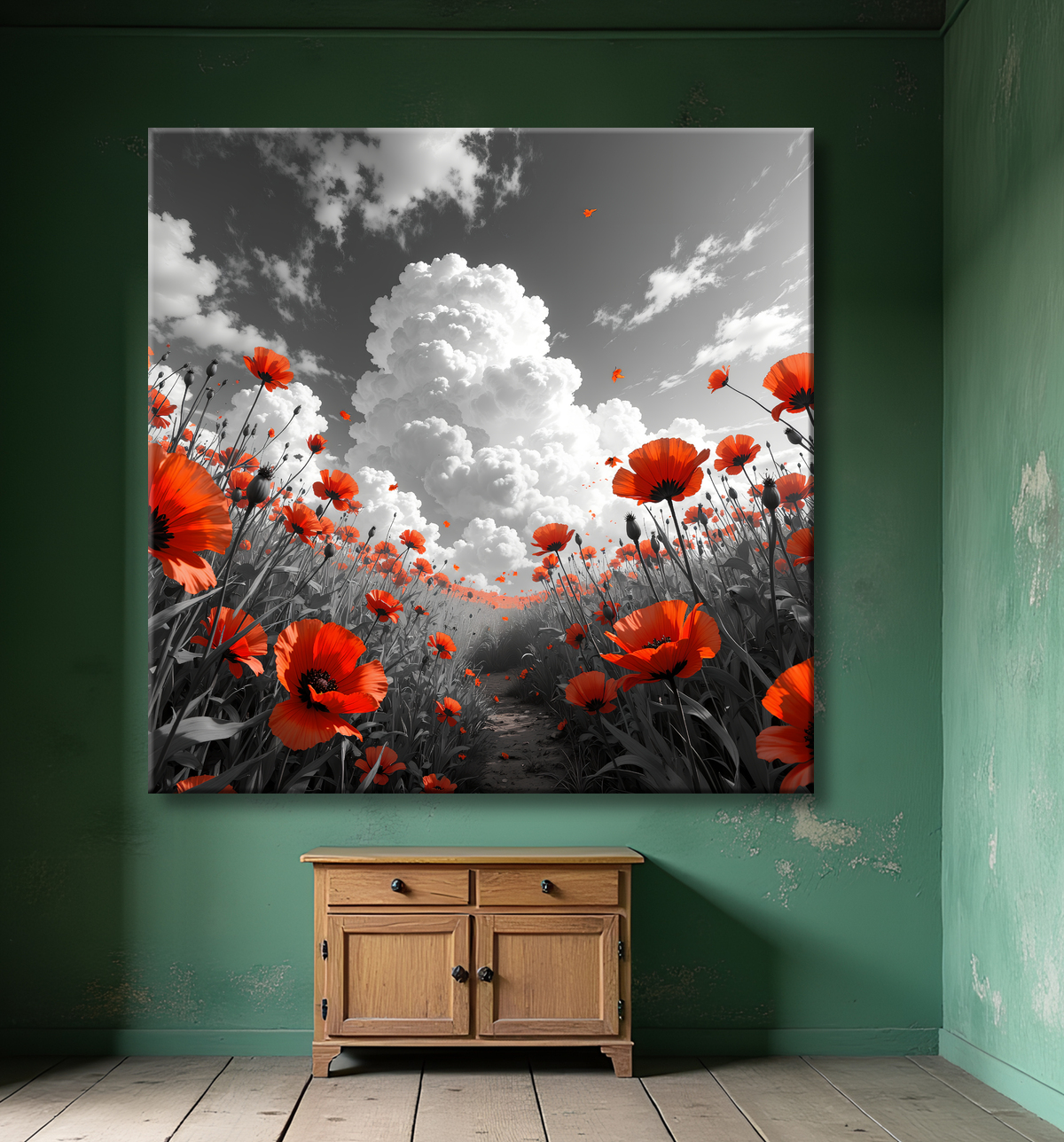 Tableau coquelicots rouges sur fond noir et blanc avec decor