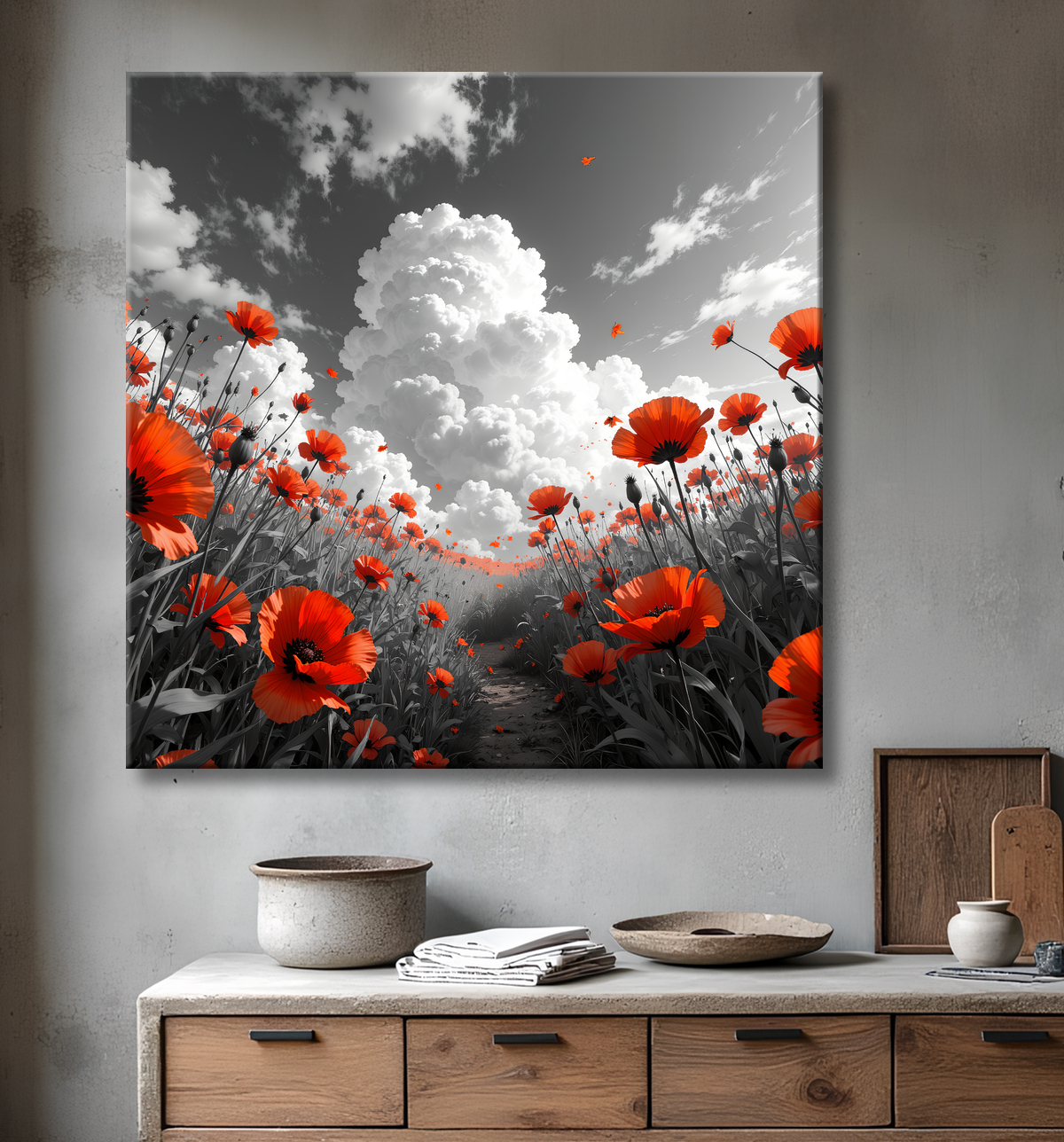 Tableau coquelicots rouges sur fond noir et blanc avec decor