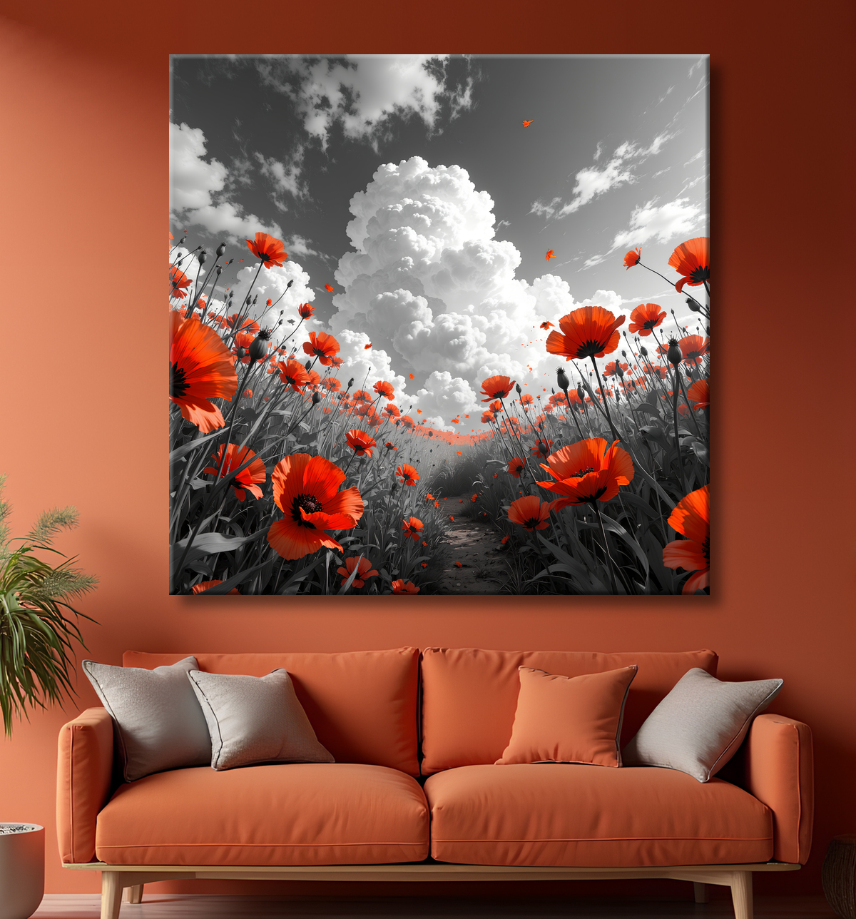 Tableau coquelicots rouges sur fond noir et blanc avec decor
