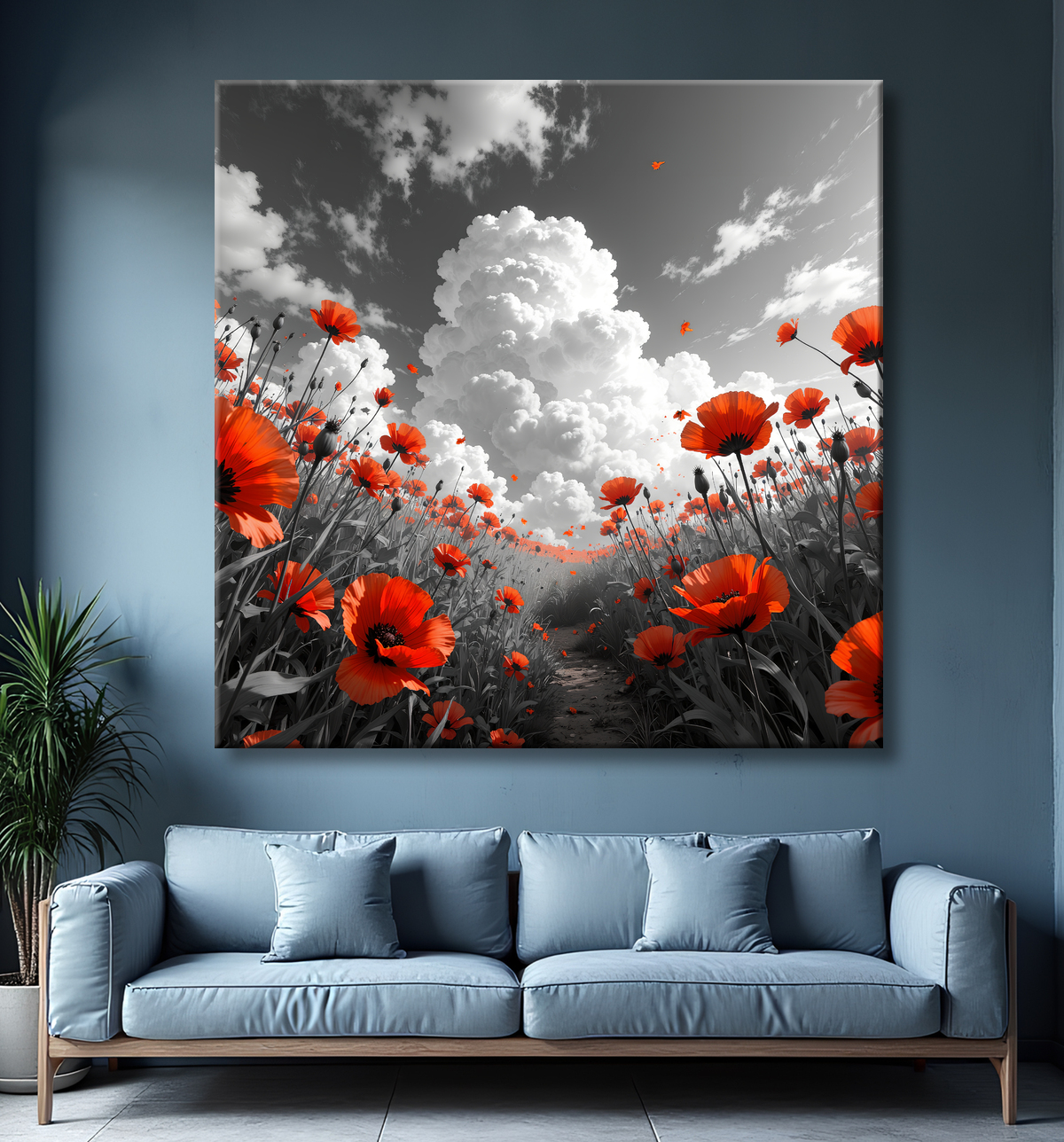 Tableau coquelicots rouges sur fond noir et blanc avec decor