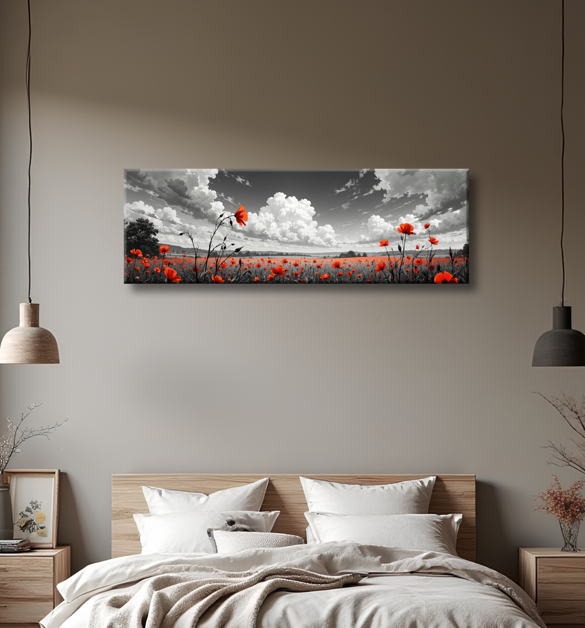 Tableau coquelicots rouges sur fond noir et blanc avec decor