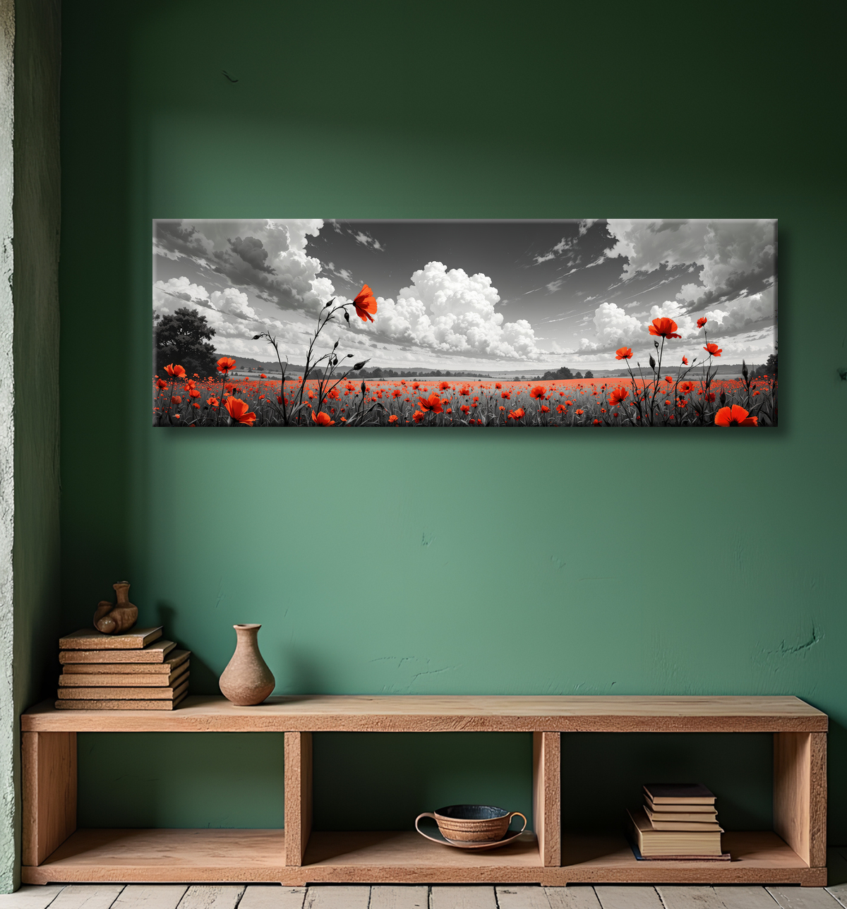 Tableau coquelicots rouges sur fond noir et blanc avec decor