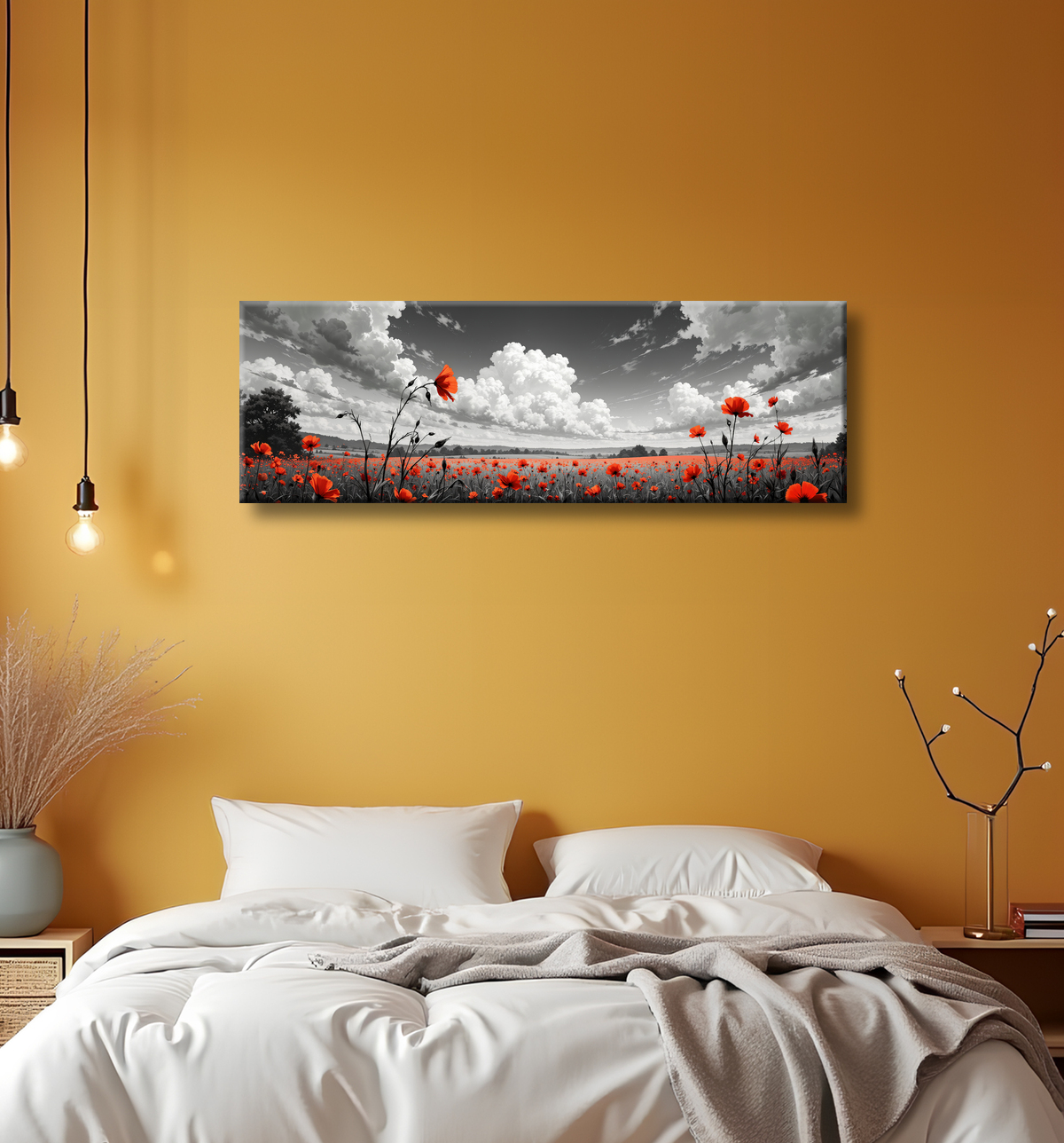 Tableau coquelicots rouges sur fond noir et blanc avec decor