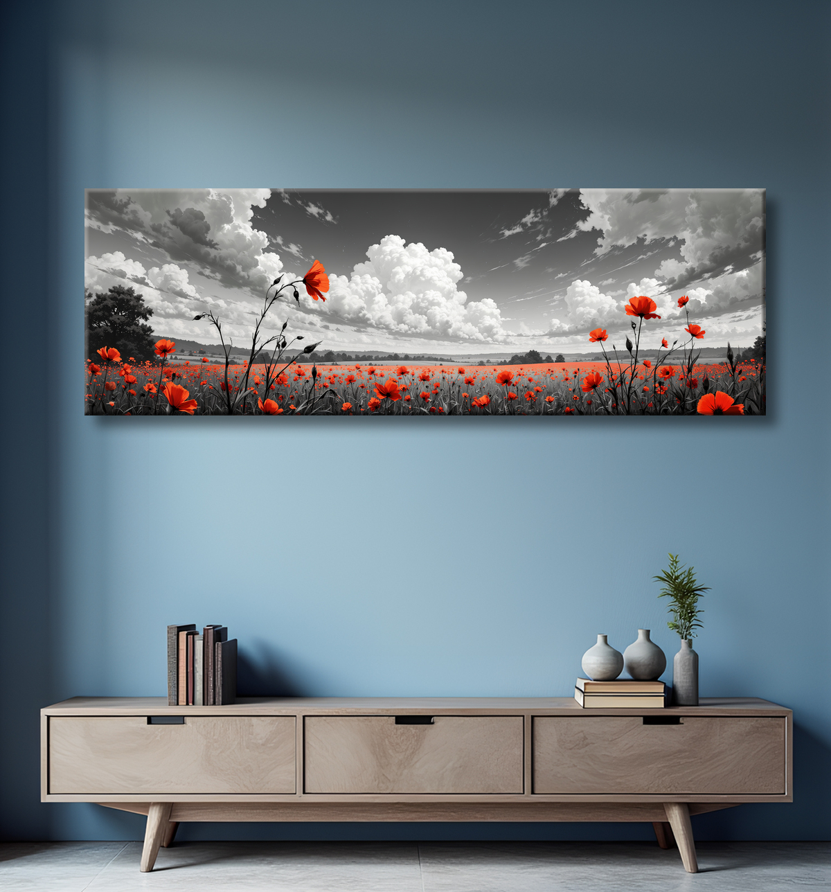 Tableau coquelicots rouges sur fond noir et blanc avec decor