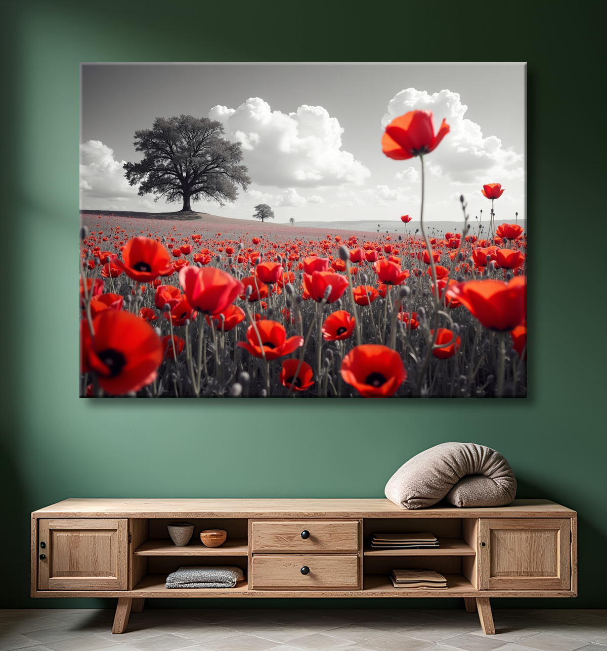 Tableau coquelicots rouges sur fond noir et blanc avec decor