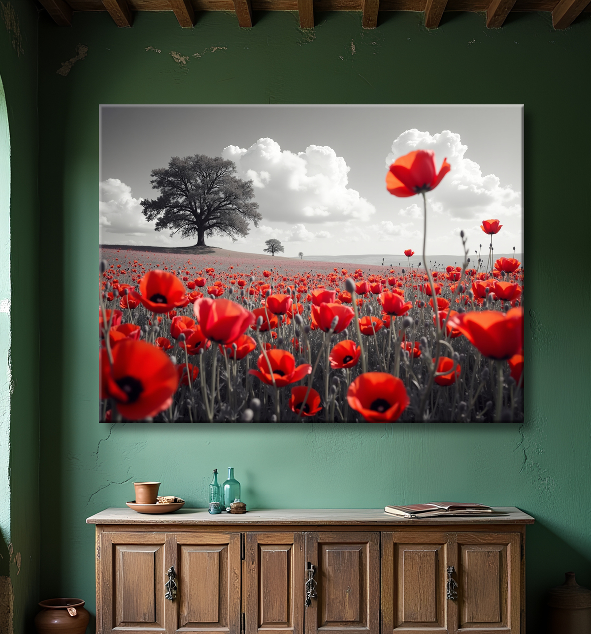 Tableau coquelicots rouges sur fond noir et blanc avec decor