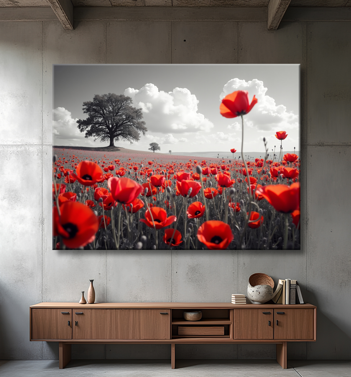 Tableau coquelicots rouges sur fond noir et blanc avec decor