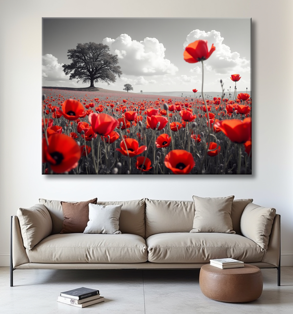 Tableau coquelicots rouges sur fond noir et blanc avec decor