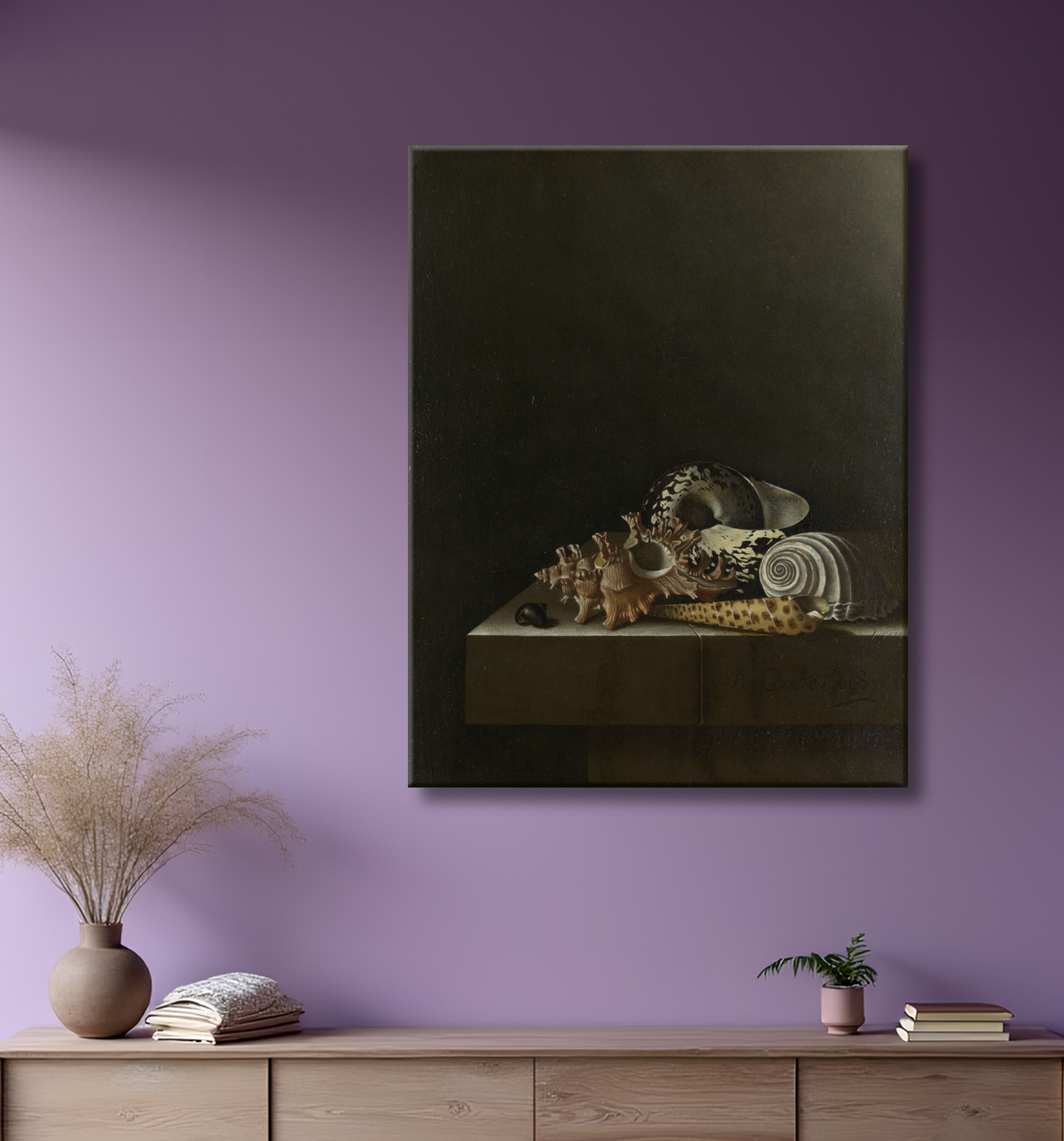 Reproduction Coquillages sur un socle en pierre de Adriaen Coorte avec decor
