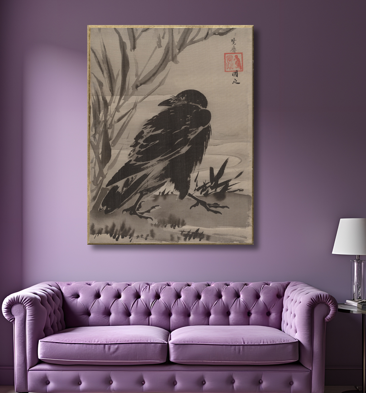 Reproduction Corbeau et roseaux par un ruisseau de Kawanabe Kyōsai 河鍋暁斎 avec decor