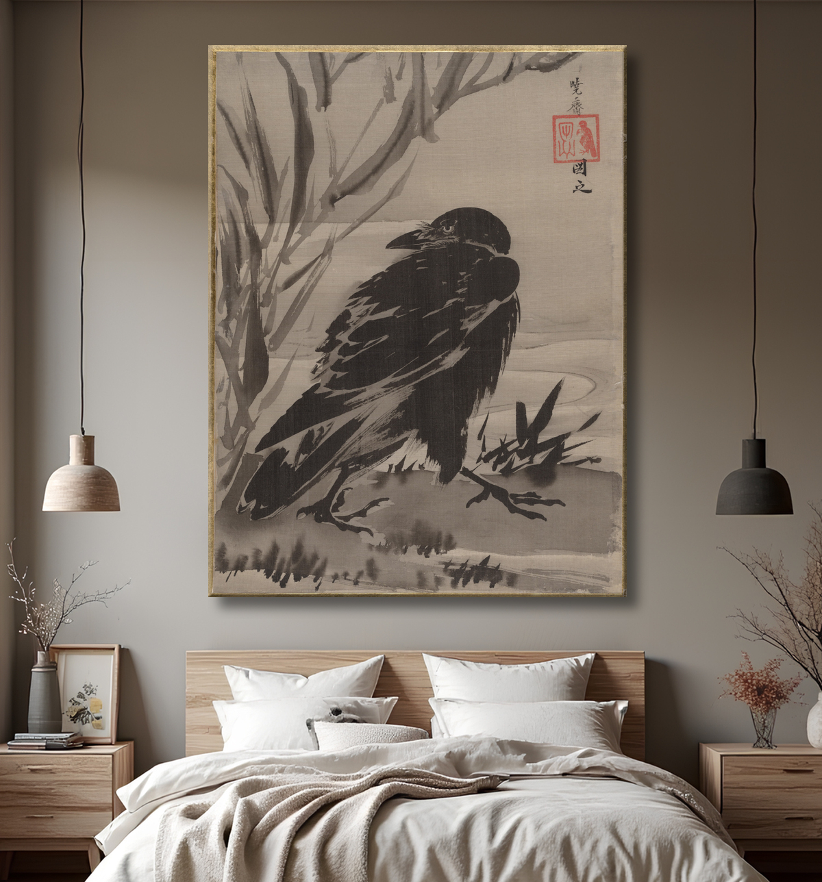 Reproduction Corbeau et roseaux par un ruisseau de Kawanabe Kyōsai 河鍋暁斎 avec decor